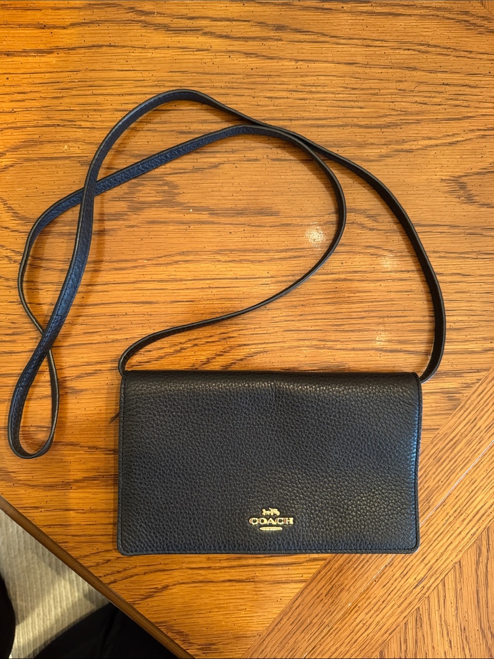 Coach Black Pebbled Leather Crossbody Wallet with Gold Logo
